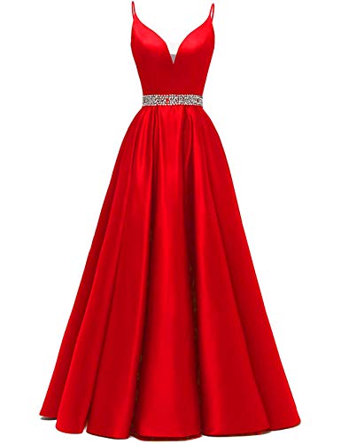 Abendkleider Lang A-Linie Ballkleid Brautkleid Prinzessin Cocktailkleid Satin V-Ausschnitt Partykleid Festkleider Rot 52 von HUINI