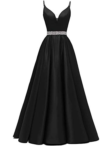 Abendkleider Lang A-Linie Ballkleid Brautkleid Prinzessin Cocktailkleid Satin V-Ausschnitt Partykleid Festkleider Schwarz 34 von HUINI