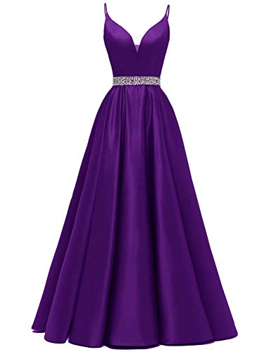 Abendkleider Lang A-Linie Ballkleid Brautkleid Prinzessin Cocktailkleid Satin V-Ausschnitt Partykleid Festkleider Violett 36 von HUINI