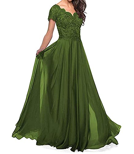 Abendkleider Lang Damen Spitzen Ballkleid Hochzeitskleid für Gast A-Linie Chiffon Festliche Partykleid Oliv 42 von HUINI