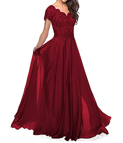 Abendkleider Lang Damen Spitzen Ballkleid Hochzeitskleid für Gast A-Linie Chiffon Festliche Partykleid Weinrot 42 von HUINI