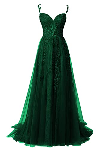 Abendkleider Lang Elegant Ballkleid Tüll Standesamtliche Hochzeitskleid für Damen A-Linie Schulterfrei Festkleid Dunkelgrün 36 von HUINI