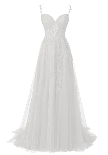 Abendkleider Lang Elegant Ballkleid Tüll Standesamtliche Hochzeitskleid für Damen A-Linie Schulterfrei Festkleid Elfenbein 36 von HUINI