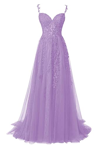 Abendkleider Lang Elegant Ballkleid Tüll Standesamtliche Hochzeitskleid für Damen A-Linie Schulterfrei Festkleid Flieder 36 von HUINI