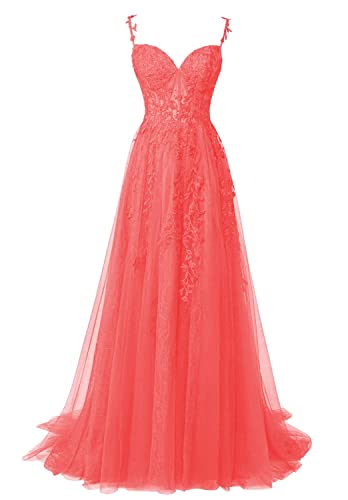 Abendkleider Lang Elegant Ballkleid Tüll Standesamtliche Hochzeitskleid für Damen A-Linie Schulterfrei Festkleid Koralle 36 von HUINI
