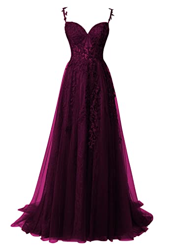 Abendkleider Lang Elegant Ballkleid Tüll Standesamtliche Hochzeitskleid für Damen A-Linie Schulterfrei Festkleid Traube 36 von HUINI