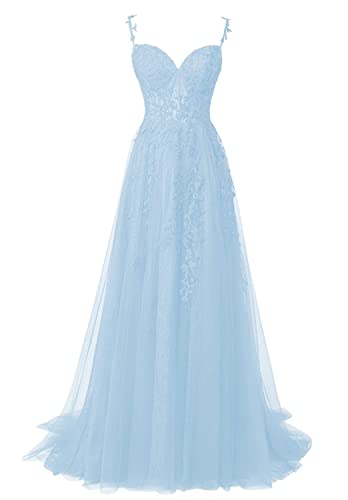 Ballkleider Damen Lang Spitzen Abendparty Kleider A-Linie Späghettiträger Trauung Maxikleid Festliche Partykleid Baby blau 40 von HUINI