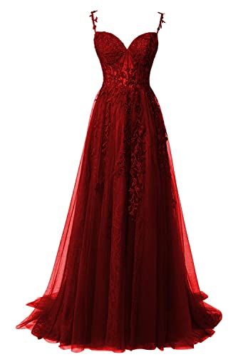 Ballkleider Damen Lang Spitzen Abendparty Kleider A-Linie Späghettiträger Trauung Maxikleid Festliche Partykleid Burgund 40 von HUINI