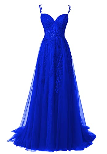 Ballkleider Damen Lang Spitzen Abendparty Kleider A-Linie Späghettiträger Trauung Maxikleid Festliche Partykleid Königsblau 40 von HUINI