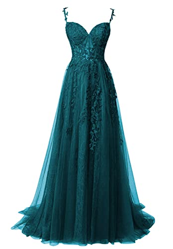 Ballkleider Damen Lang Spitzen Abendparty Kleider A-Linie Späghettiträger Trauung Maxikleid Festliche Partykleid Pfau 40 von HUINI