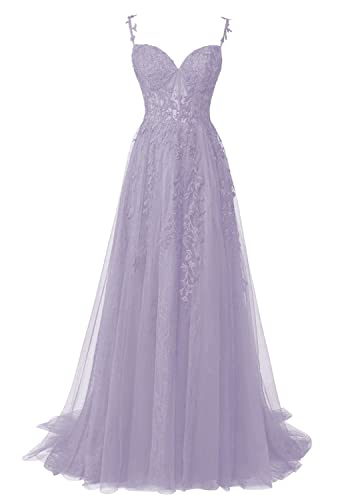 Ballkleider Damen Lang Spitzen Abendparty Kleider A-Linie Späghettiträger Trauung Maxikleid Festliche Partykleid Wisteria 40 von HUINI