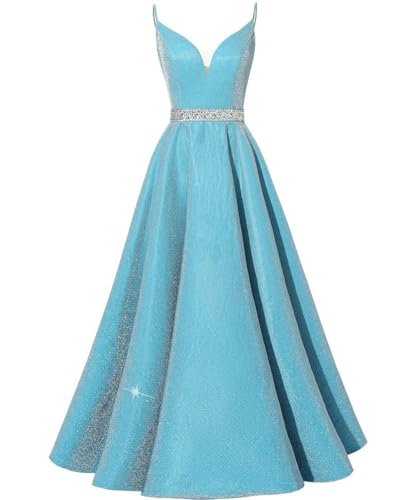 Ballkleider Glitzer Lang Abendkleid V-Ausschnitt Hochzeitskleid Prinzessin A-Linie Cocktailkleid Rückenfrei Festkleider Blau 50 von HUINI