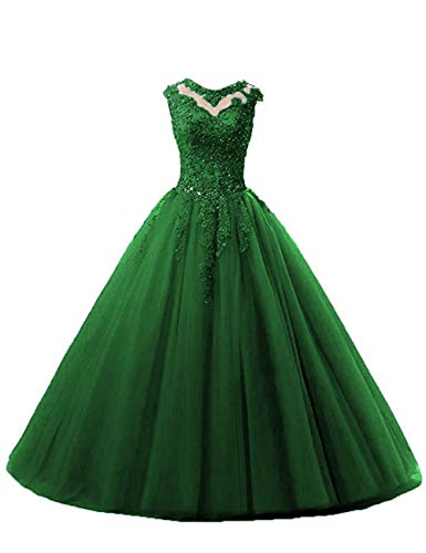 Ballkleider Lang A-Linie Abendkleider Quinceanera Kleider Tüll Ärmellose Hochzeitskleider Prinzessin Abschlussballkleider Grün 42 von HUINI