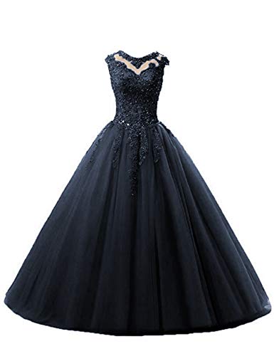 Ballkleider Lang A-Linie Abendkleider Quinceanera Kleider Tüll Ärmellose Hochzeitskleider Prinzessin Abschlussballkleider Navy 48 von HUINI