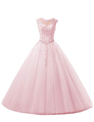 Ballkleider Lang A-Linie Abendkleider Quinceanera Kleider Tüll Ärmellose Hochzeitskleider Prinzessin Abschlussballkleider Rosa 32 von HUINI