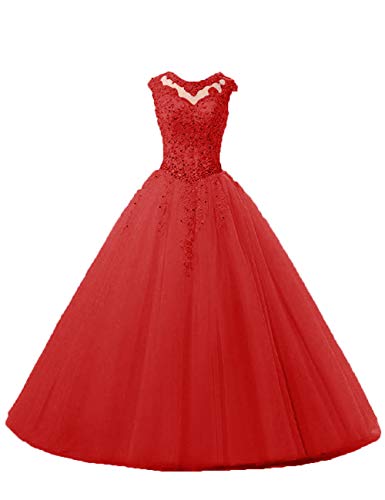 Ballkleider Lang A-Linie Abendkleider Quinceanera Kleider Tüll Ärmellose Hochzeitskleider Prinzessin Abschlussballkleider Rot 44 von HUINI