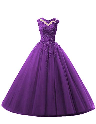 Ballkleider Lang A-Linie Abendkleider Quinceanera Kleider Tüll Ärmellose Hochzeitskleider Prinzessin Abschlussballkleider Violett 58 von HUINI