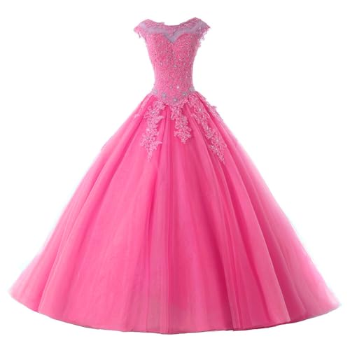 Ballkleider Lang Prinzessin Quinceanera Kleider Tülle Brautkleid Abendkleider A-Linie Partykleid Festkleider Heißes Rosa 52 von HUINI