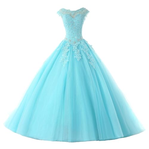 Ballkleider Lang Prinzessin Quinceanera Kleider Tülle Brautkleid Abendkleider A-Linie Partykleid Festkleider Himmelblau 42 von HUINI