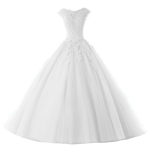Ballkleider Lang Prinzessin Quinceanera Kleider Tülle Brautkleid Abendkleider A-Linie Partykleid Festkleider Weiß 36 von HUINI