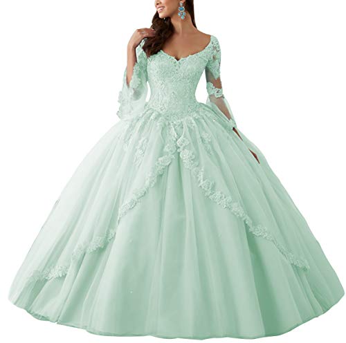 Ballkleider Lang Spitze Brautkleider Langarm Quinceanera Kleider Prinzessin V-Ausschnitt Hochzeitskleider Mint 42 von HUINI