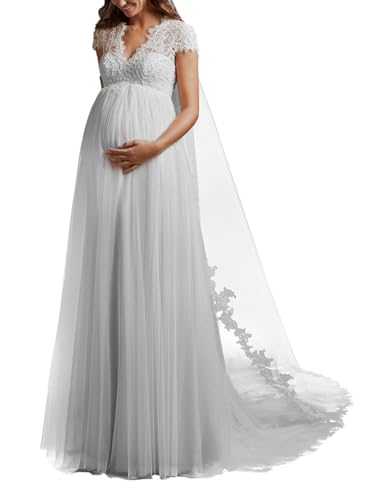 Brautkleider Spitze Abendhochzeitskleider Schwangere Lange A-Linie Glitzer Brautkleid Brautmodenkleider Weiß 58 von HUINI