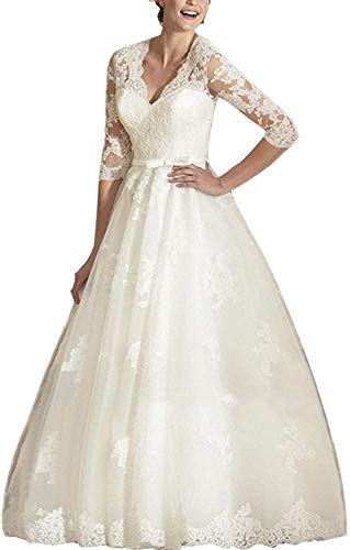 Brautkleider Spitzen A-Linie Hochzeitskleid Lang Brautmode Langarm Standesamt Vintage Brautkleid Elfenbein 56 von HUINI