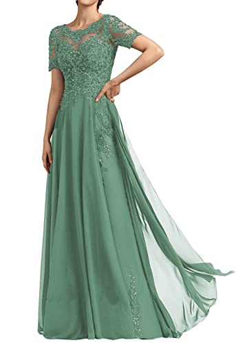 Brautmutterkleider Lang Chiffon Abendkleid Elegant für Hochzeit A-Linie Kurzarm Spitzenkleid Salbei 42 von HUINI