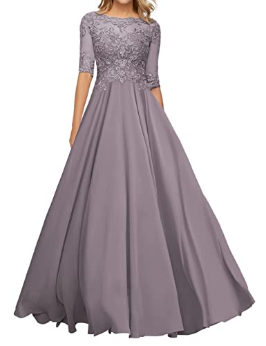 Brautmutterkleider Lang Spitzen Elegant Abendkleid für Hochzeit A-Linie Chiffon Hochzeit Gast Kleid mit Ärmel Mauve 42 von HUINI