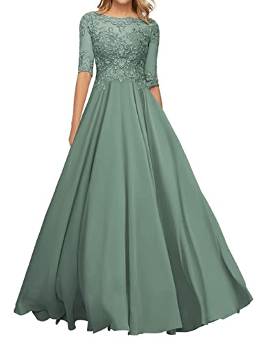 Brautmutterkleider Lang Spitzen Elegant Abendkleid für Hochzeit A-Linie Chiffon Hochzeit Gast Kleid mit Ärmel Salbei 42 von HUINI