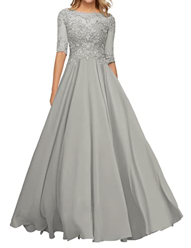 Brautmutterkleider Lang Spitzen Elegant Abendkleid für Hochzeit A-Linie Chiffon Hochzeit Gast Kleid mit Ärmel Silber 42 von HUINI