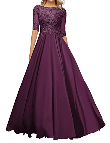 Brautmutterkleider Lang Spitzen Elegant Abendkleid für Hochzeit A-Linie Chiffon Hochzeit Gast Kleid mit Ärmel Traube 42 von HUINI