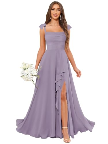 Chiffon Brautjungfernkleid A-Linie Träger Rüschen Ballkleid Abendkleid für Hochzeit Damen Mauve 38 von HUINI