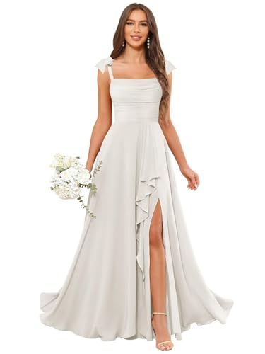 Chiffon Brautjungfernkleid Lang A-Linie 2025 Schlicht Hochzeitsgast Kleid mit Schlitz Übergröße Elfenbein 42 von HUINI