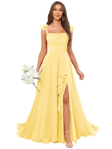 Chiffon Brautjungfernkleid Lang A-Linie 2025 Schlicht Hochzeitsgast Kleid mit Schlitz Übergröße Gelb 42 von HUINI