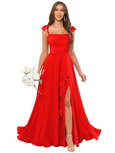 Chiffon Brautjungfernkleid Lang A-Linie 2025 Schlicht Hochzeitsgast Kleid mit Schlitz Übergröße Rot 42 Chiffon Brautjungfernkleid Lang A-Linie 2025 Schlicht Hochzeitsgast Kleid mit Schlitz Übergröße Rot 42 von HUINI