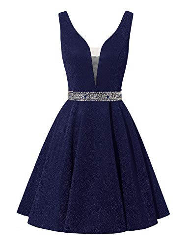 Cocktailkleider Kurz Ballkleid Abendkleider Glitzer A-Linie Brautjungfernkleider Rückenfrei Abschlussballkleid Glitzer-Navy 44 von HUINI