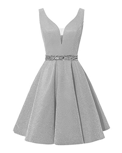 Cocktailkleider Kurz Ballkleid Abendkleider Glitzer A-Linie Brautjungfernkleider Rückenfrei Abschlussballkleid Glitzer-Silber 40 von HUINI