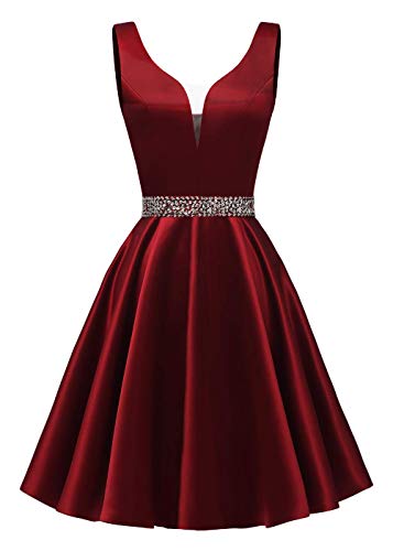 Cocktailkleider Kurz Ballkleid Abendkleider Glitzer A-Linie Brautjungfernkleider Rückenfrei Abschlussballkleid Satin-Burgund 34 von HUINI