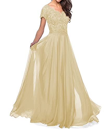 Damen Abendkleid Chiffon A-Linie Brautmutterkleid mit Ärmel V-Ausschnitt Elegant Hochzeit Gast Kleid Champagner 40 von HUINI