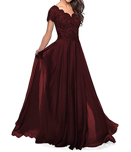 Damen Abendkleid Chiffon A-Linie Brautmutterkleid mit Ärmel V-Ausschnitt Elegant Hochzeit Gast Kleid Dunkelrot 40 von HUINI