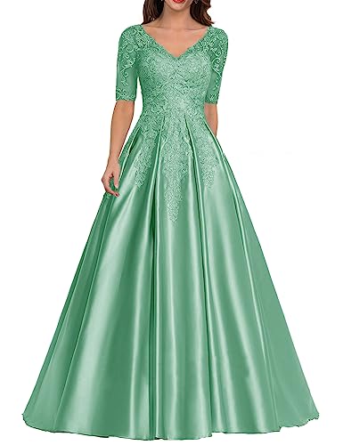 Damen Abendkleid Satin Lang Ballkleid Elegant für Hochzeit V-Ausschnitt Spitzen Brautmutterkleid mit Ärmel Mint 38 von HUINI