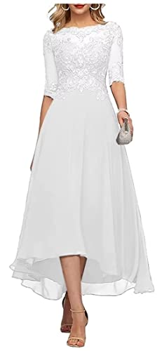 Damen Abendkleid Wadenlang mit Ärmel Brautmutterkleid A-Linie Spitzen Hochzeit Gast Kleid Festkleider Weiß 44 von HUINI