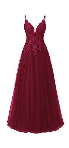 Damen Ballkleider Lang A-Linie Abendkleid Elegant für Hochzeit Spaghettiträger Spitzen Festliche Partykleid Burgund 36 von HUINI