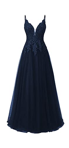 Damen Ballkleider Lang A-Linie Abendkleid Elegant für Hochzeit Spaghettiträger Spitzen Festliche Partykleid Navy 38 von HUINI