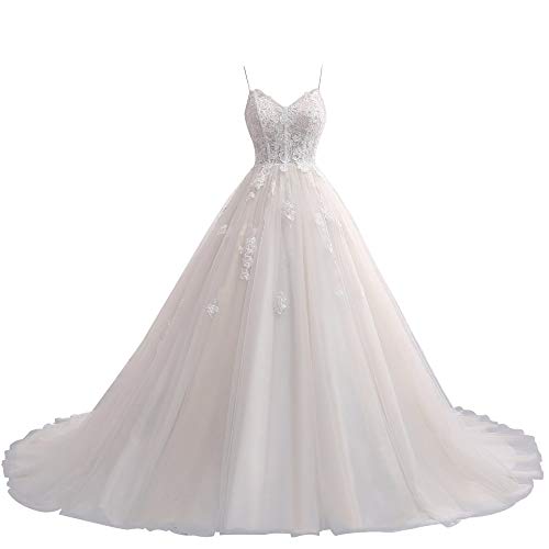 Damen Brautkleider Lang A-Linie Hochzeitskleid Glitzer Brautmode Spitze Vintage Standesamtkleid Prinzessin Elfenbein 36 von HUINI