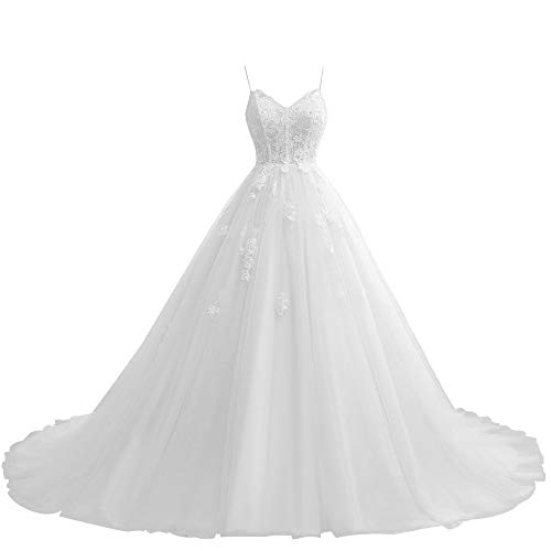 Damen Brautkleider Lang A-Linie Hochzeitskleid Glitzer Brautmode Spitze Vintage Standesamtkleid Prinzessin Weiß 32 von HUINI