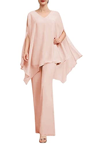 Damen Brautmutterkleid Lang Chiffon Hosenanzug für Hochzeit 2 Stück Festliche Abendparty Hosen Set Altrosa 46 von HUINI