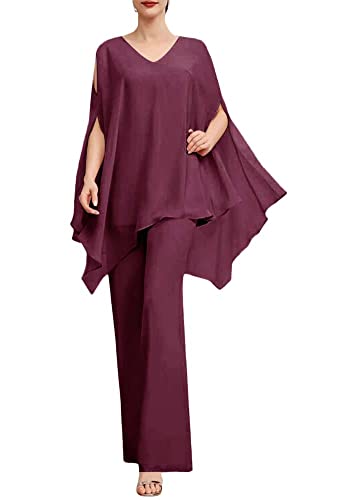 Damen Brautmutterkleid Lang Chiffon Hosenanzug für Hochzeit 2 Stück Festliche Abendparty Hosen Set Himbeerenrot 52 von HUINI