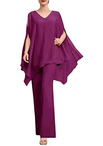 Damen Brautmutterkleid Lang Chiffon Hosenanzug für Hochzeit 2 Stück Festliche Abendparty Hosen Set Orchidee 52 von HUINI